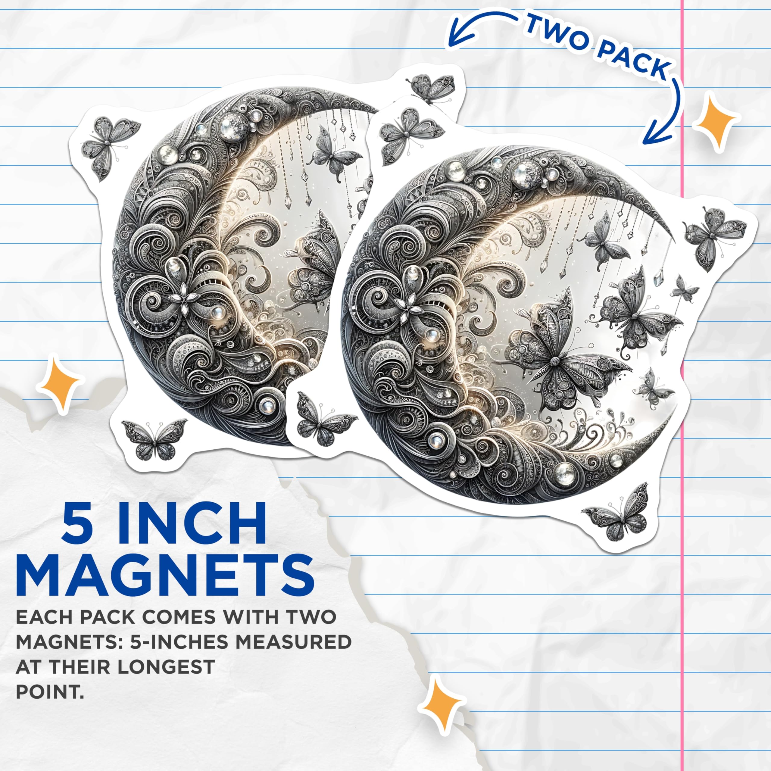 (2 Pack) Butterfly Moon Magnets - Celestial Decor - Silver Butterflies Art - 5" On Longest Side - Premium Magnet - for Cars, Refrigerators, Toolboxes, Lockers - Made in USA - MAG14274