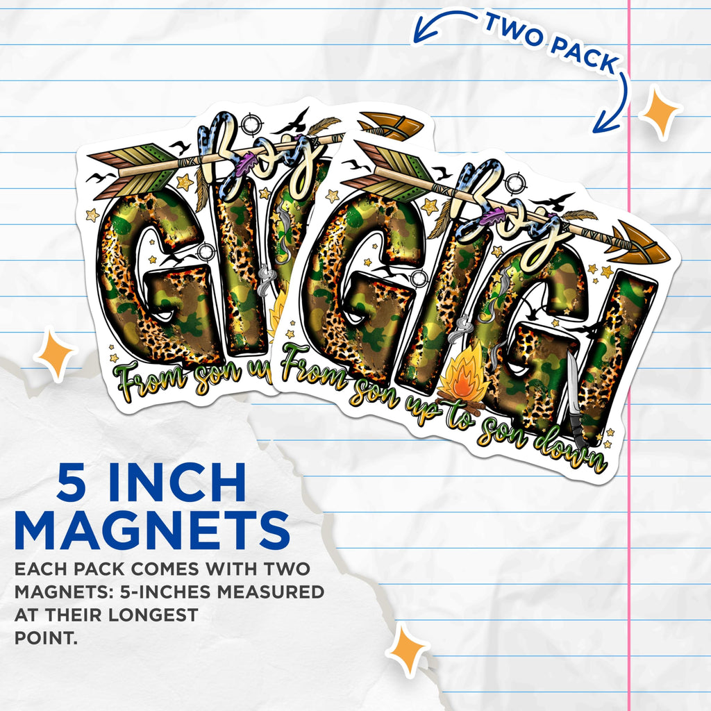 (2 Pack) Gigi Boy Magnets - Camo Leopard Hunting Campfire - Outdoor Grandparent Adventure Decor - 5 Inches On Longest Side - Thick Durable Magnet - Made in USA - MAG23310