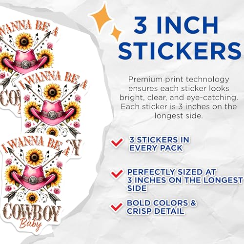 (3 Pack) Cowboy Baby Decals - Western Laptop Stickers - Cowgirl Decal Set - 3 Inches On Longest Side - Easy Peel & Apply - Made in USA - 3MCS1926