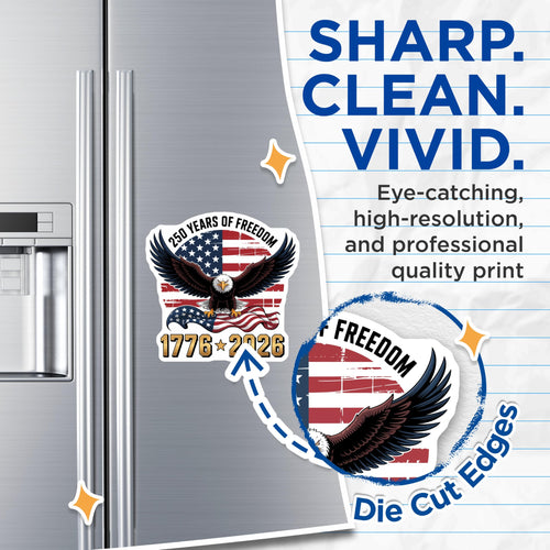 (2 Pack) American Eagle Flag Magnets - 250 Years Freedom Decor - USA Patriotic Heritage 1776-2026 - 5 Inches On Longest Side - Thick Durable Magnet - Made in USA - MAG21634