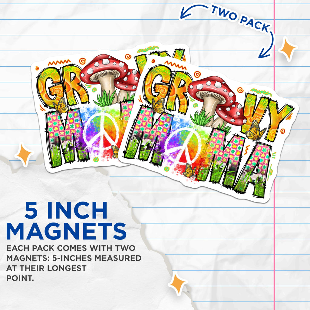 (2 Pack) Groovy Mamma Magnets - Hippie Mom Decor - Retro Mama Fridge Accessory - 70s Vibes Peace Sign Butterfly Mushroom - 5 Inches On Longest Side - Thick Durable Magnet - Made in USA - MAG26224