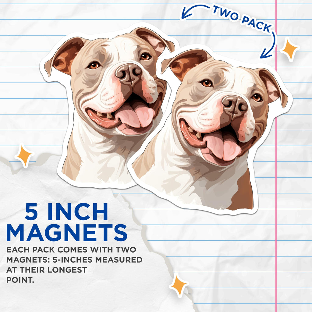 (2 Pack) Smiling Pitbull Dog Magnets - Dog Mom Kitchen Decor - Amstaff Lover Refrigerator Art - 5 Inches On Longest Side - Thick Durable Magnet - Made in USA - MAG26240
