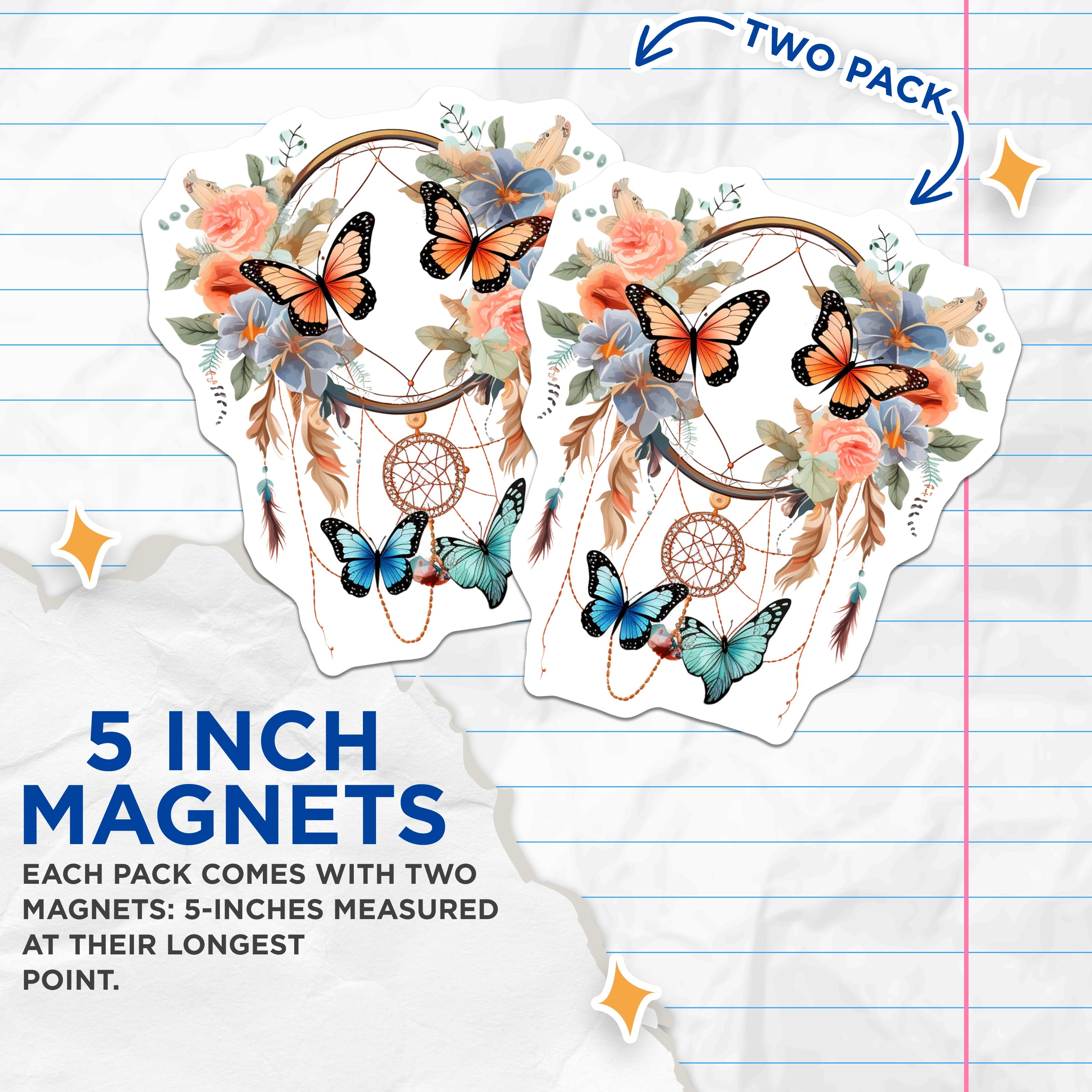 (2 Pack) Dreamcatcher Butterfly Magnets - Boho Floral Decor - Whimsical Nature Art for Fridge - 5 Inches On Longest Side - Thick Durable Magnet - Made in USA - MAG37690
