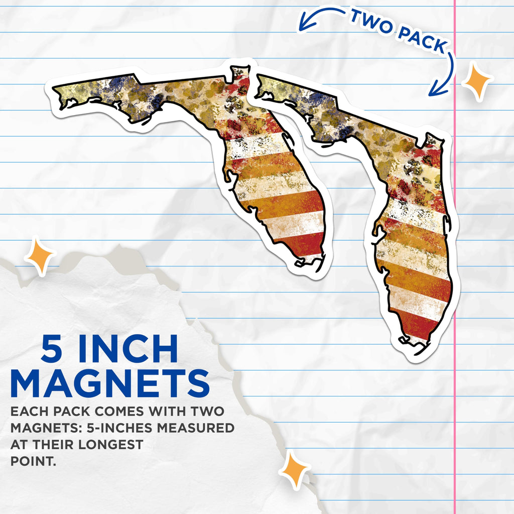 (2 Pack) Florida State Magnets - Distressed Florida Map - Decorative Refrigerator Magnets - 5" On Longest Side - Premium Magnet - for Cars, Refrigerators, Toolboxes, Lockers - Made in USA - MAG17496