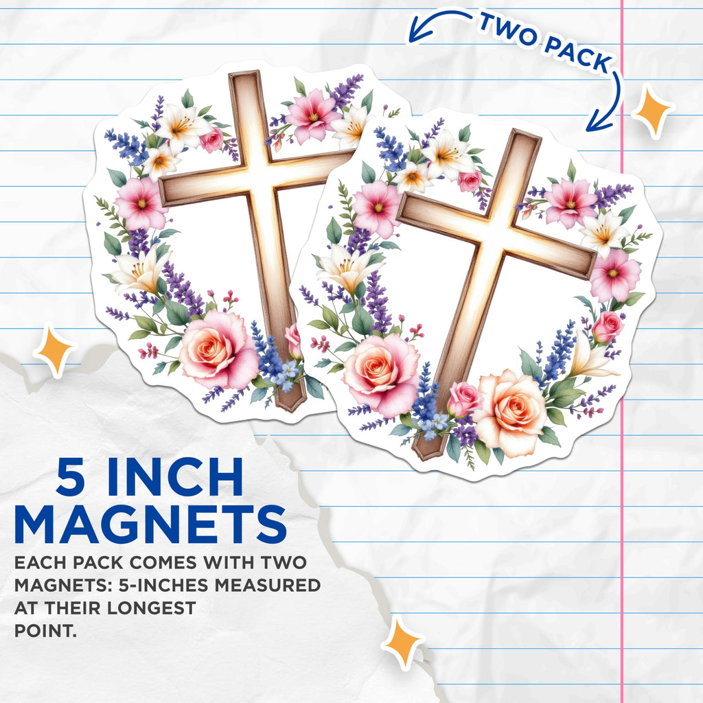 (2 Pack) Floral Cross Magnets - Christian Decor - Spiritual Refrigerator Magnets - 5 Inches On Longest Side - Thick Durable Magnet - Made in USA - MAG22558