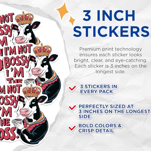 (3 Pack) Bossy Cow Decals - Queen Cow - Funny Cow Decals - 3 Inches On Longest Side - Easy Peel & Apply - Made in USA - 3MCS1020