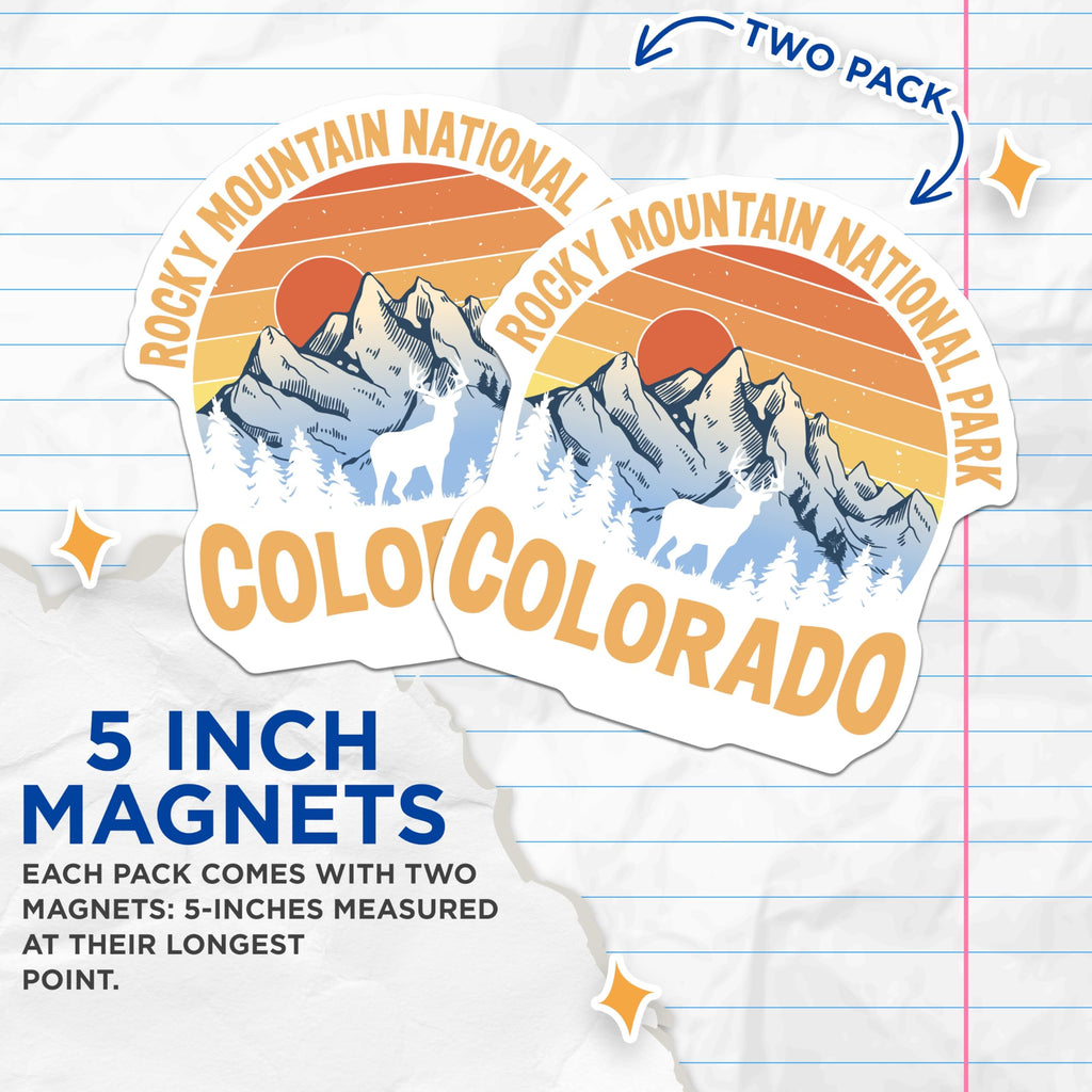(2 Pack) Colorado Magnets - Rocky Mountain National Park - Deer Scene Refrigerator Magnets - 5" On Longest Side - Premium Magnet - for Cars, Refrigerators, Toolboxes, Lockers - Made in USA - MAG18996