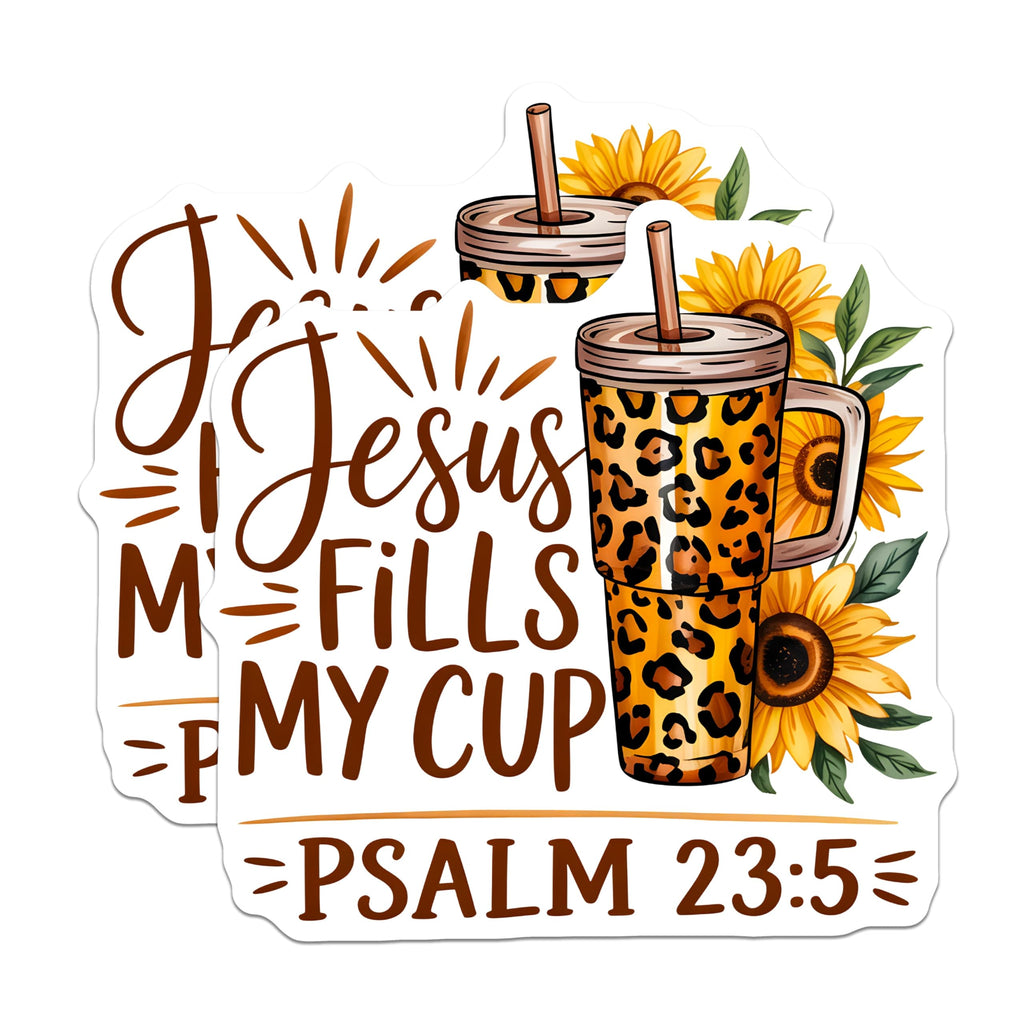 (2 Pack) Jesus Fills My Cup Magnets - Inspirational Christian Faith Decor - Psalm 23:5 Scripture Leopard Print Sunflowers Art - 5 Inches On Longest Side - Thick Durable Magnet - Made in USA - MAG23357