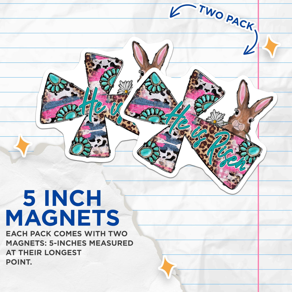 (2 Pack) He is Risen Cross Magnets - Western Boho Christian Decor - Easter Rabbit Farmhouse Style Faith - 5 Inches On Longest Side - Thick Durable Magnet - Made in USA - MAG25855