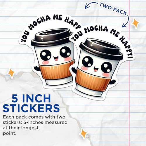 (2 Pack) Cute Coffee Stickers - Funny Coffee Cup Stickers - Adorable Cafe Drink Stickers - 5" On Longest Side - Sticks to Any Smooth Flat Surface - Made in USA - BMCS3291