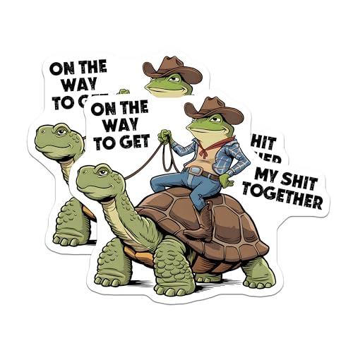 (2 Pack) Funny Quote Stickers - Frog Riding Turtle - Humor Stickers - 5" On Longest Side - Sticks to Smooth Flat Surfaces - Made in USA - BMCS9724
