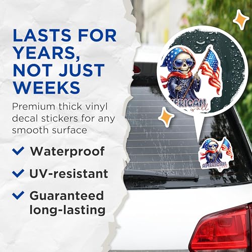 (2 Pack) Patriotic Skull Stickers - American Flag - Funny Skeleton Art - 5" On Longest Side - Sticks to Smooth Flat Surfaces - Made in USA - BMCS7926