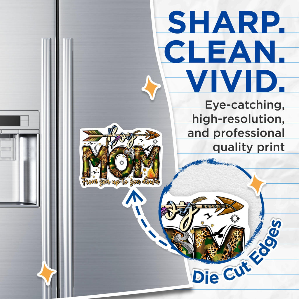 (2 Pack) Boy Mom Magnets - Camo Leopard Print - Proud Mother of Sons - Outdoorsy Mom Decor - 5 Inches On Longest Side - Thick Durable Magnet - Made in USA - MAG29569