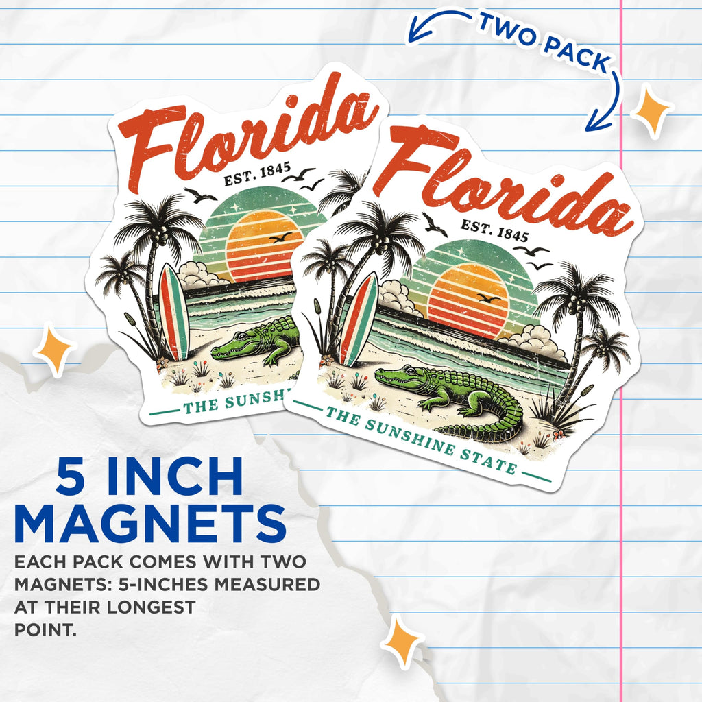 (2 Pack) Florida Alligator Magnets - Sunshine State Decor - Beach Scene Magnet - 5" On Longest Side - Premium Magnet - for Cars, Refrigerators, Toolboxes, Lockers - Made in USA - MAG17632