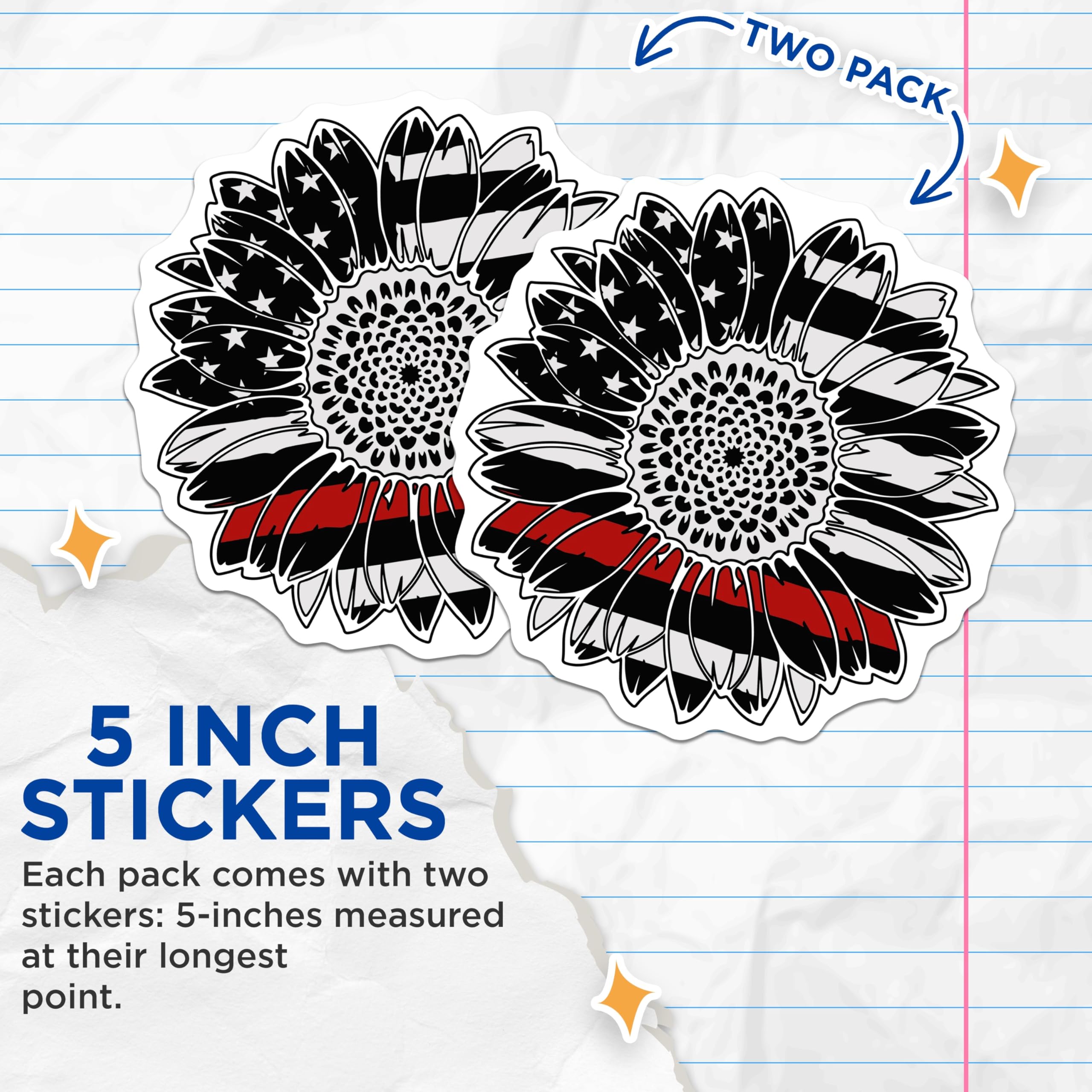 (2 Pack) Firefighter Sunflower Stickers - American Flag - Thin Red Line Decals - 5" On Longest Side - Sticks to Smooth Flat Surfaces - Made in USA - BMCS17402