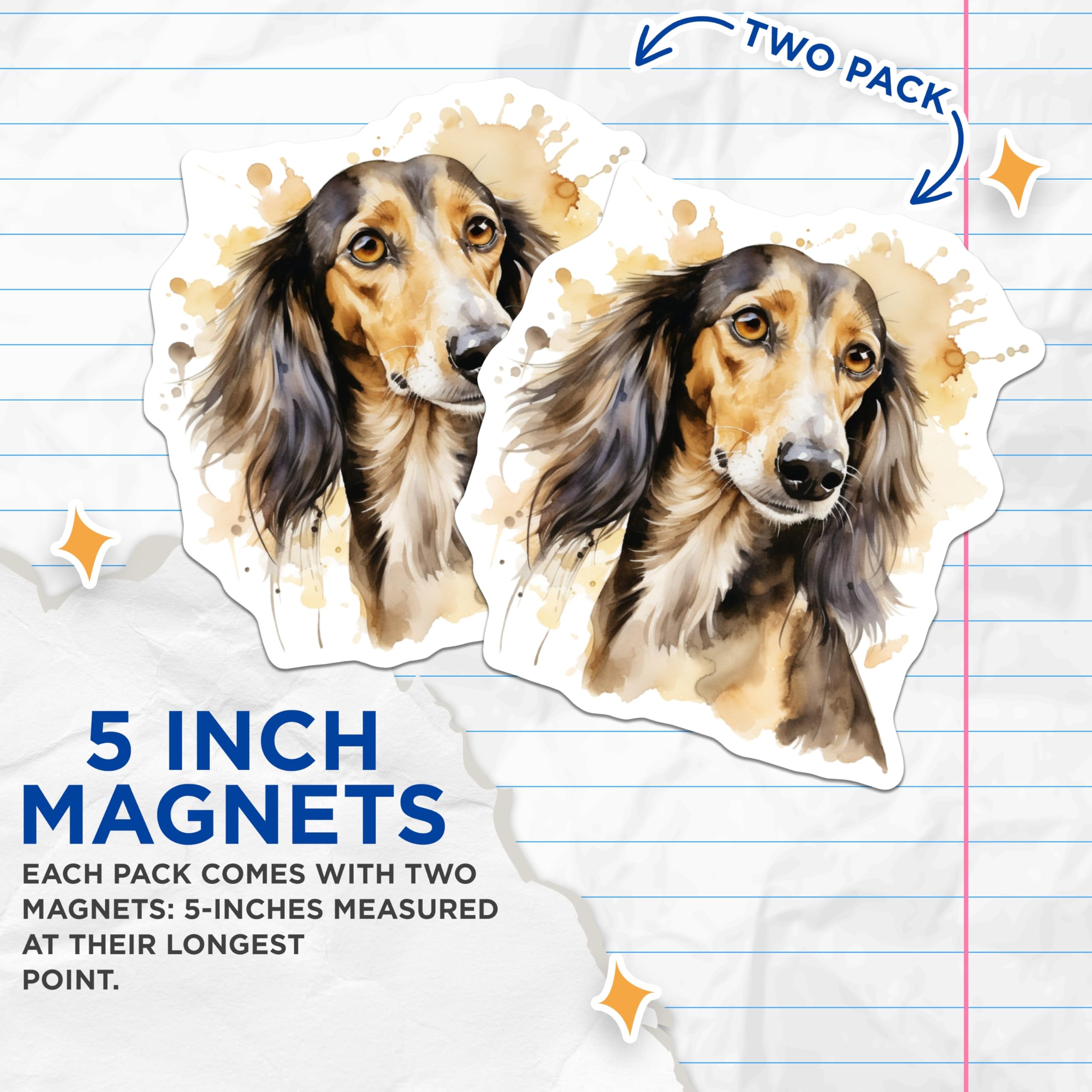 (2 Pack) Dachshund Dog Magnets - Watercolor Pet Art - Long Haired Doxie Decor - 5 Inches On Longest Side - Thick Durable Magnet - Made in USA - MAG29633