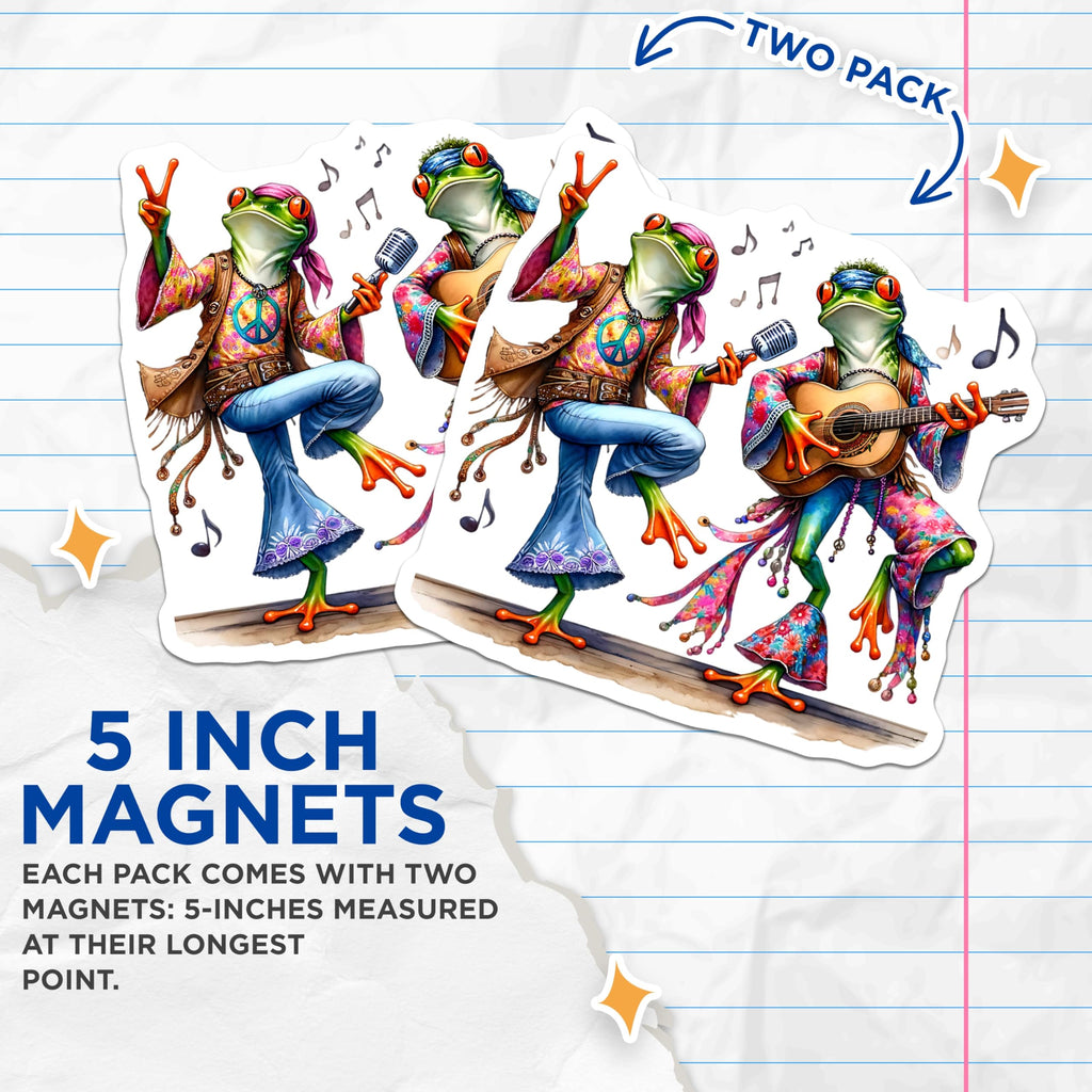 (2 Pack) Hippie Frog Magnets - Peace Frog Decor - Retro Animal Magnets - 5" On Longest Side - Premium Magnet - for Cars, Refrigerators, Toolboxes, Lockers - Made in USA - MAG17129