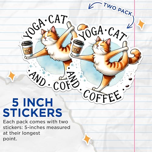 (2 Packs) Yoga Cat and Coffee Stickers - Cat Mom Cat Dad Cat Lover Yoga Yogi Decals - 5 Inches On Longest Side - Premium Vinyl Decal - Sticks to Any Smooth Flat Surface - Made in USA - BMCS2418
