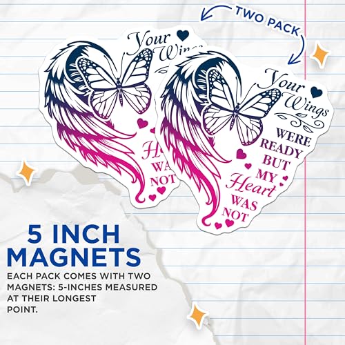 (2 Pack) Your Wings were Ready Magnets - Heart Shaped Butterfly Magnet - Memorial Quote Magnet - 5" On Longest Side - for Cars, Fridges, Toolboxes - Made in USA - MAG3714