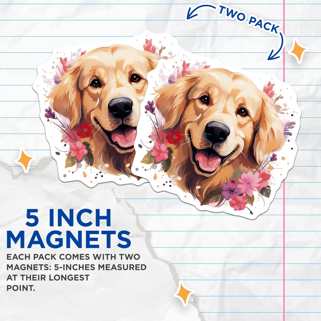 (2 Pack) Golden Retriever Dog Magnets - Happy Dog Floral Watercolor Art - Pet Lover Refrigerator Locker Magnets - 5 Inches On Longest Side - Thick Durable Magnet - Made in USA - MAG26834