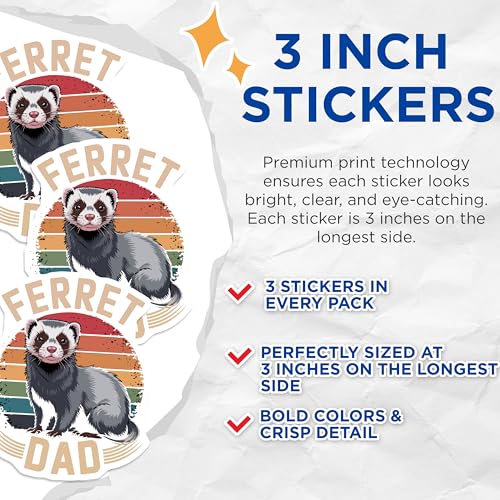 (3 Pack) Ferret Dad Decals - Pet Lover Stickers - Retro Sunset Laptop Decal - 3 Inches On Longest Side - Easy Peel & Apply - Made in USA - 3MCS4820