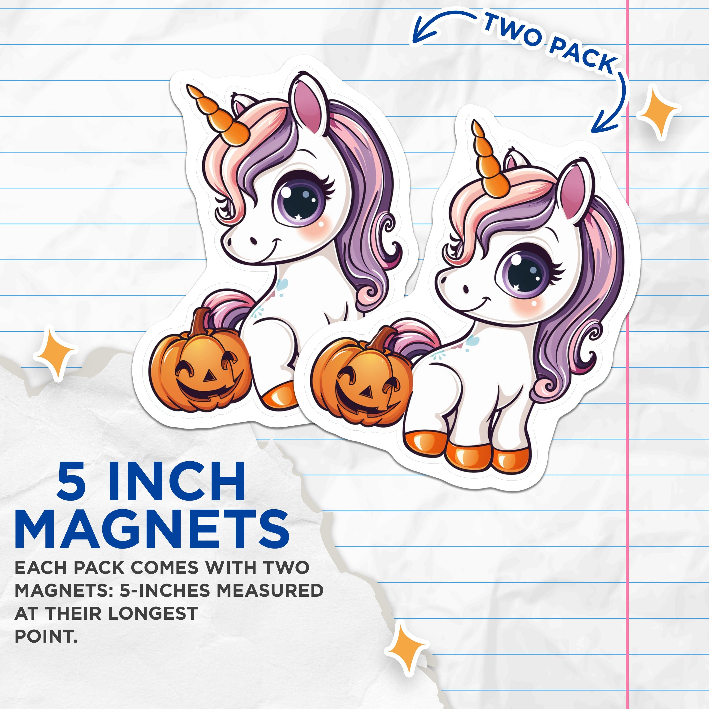 (2 Pack) Cute Unicorn Halloween Magnets - Jack-o-Lantern Decor - Fantasy Fall Refrigerator Decor - 5 Inches On Longest Side - Thick Durable Magnet - Made in USA - MAG38109