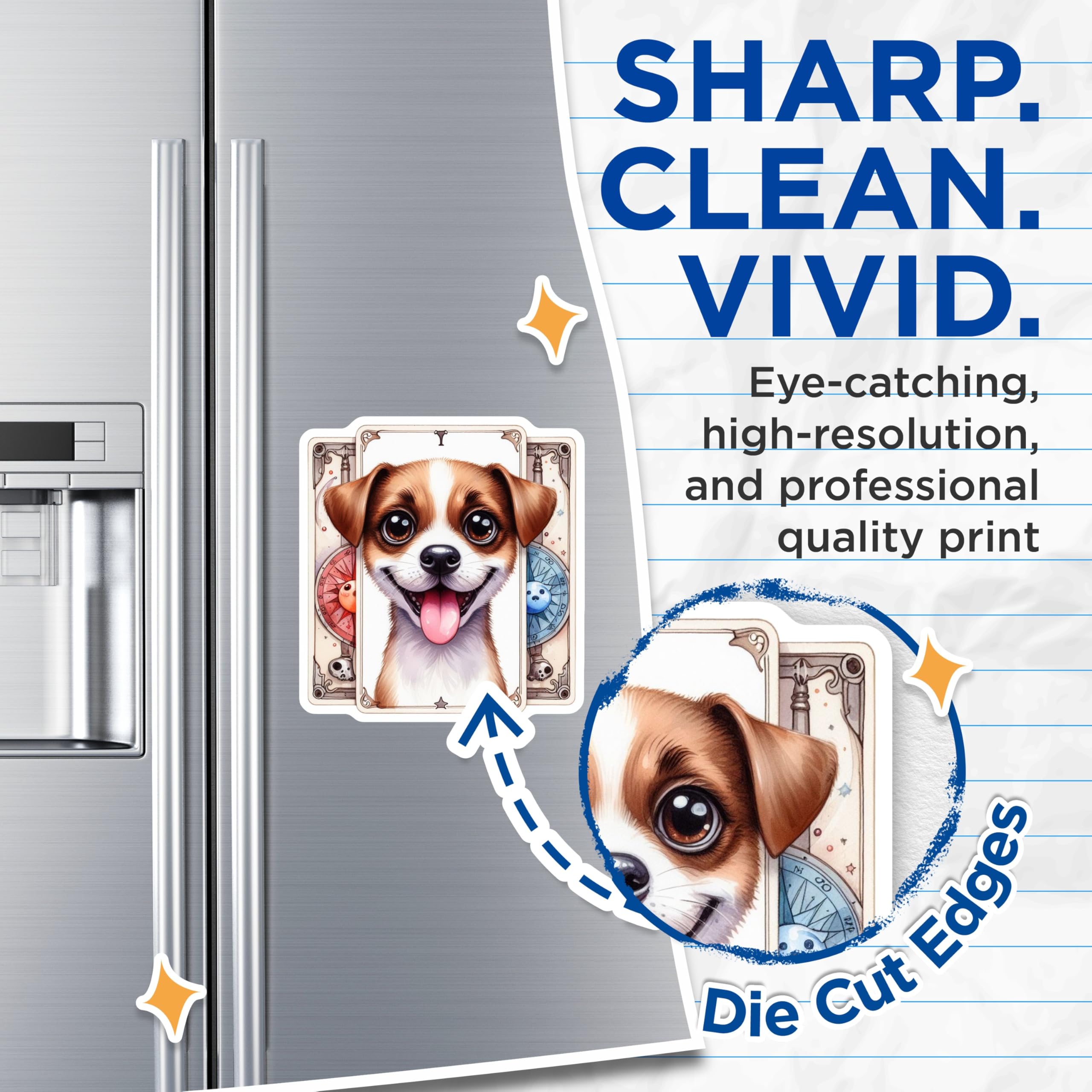 (2 Pack) Cute Puppy Magnets - Tarot Card Dog Art - Whimsical Smiling Canine Refrigerator Decor - Aesthetic Pet Lover - 5 Inches On Longest Side - Thick Durable Magnet - Made in USA - MAG22484