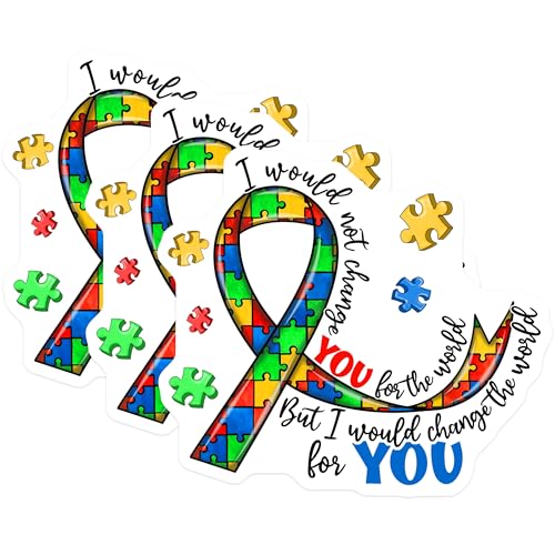 (3 Pack) Autism Awareness Decals - Puzzle Ribbon Decal - I Would Not Change You Decal - 3 Inches On Longest Side - Easy Peel & Apply - Made in USA - 3MCS7939