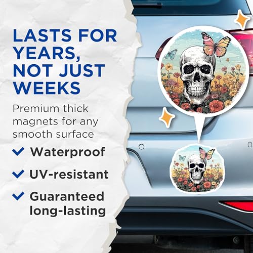 (2 Pack) Skull and Butterfly Magnets - Floral Skull Design - Nature Lovers - Gothic Art Magnets - Skull Floral Art - 5" On Longest Side - for Cars, Fridges, Toolboxes - Made in USA - MAG4237