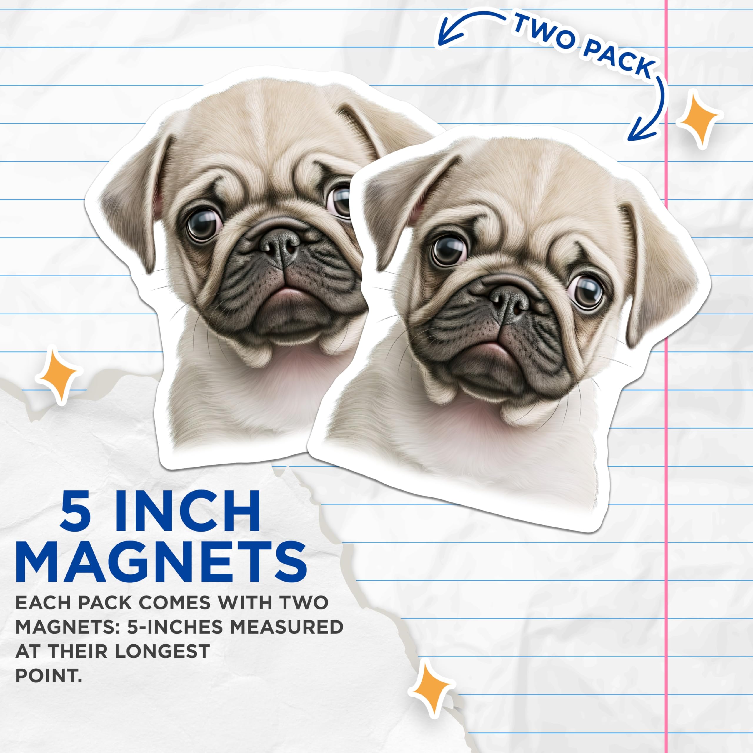 (2 Pack) Cute Pug Puppy Magnets - Dog Lover Decor - Pet Parent Refrigerator Art - 5 Inches On Longest Side - Thick Durable Magnet - Made in USA - MAG27439