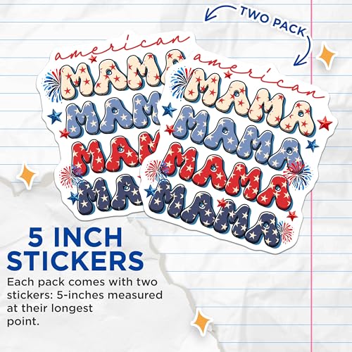 (2 Pack) American Mama Stickers - Patriotic Mama Decals - USA Mom - 5" On Longest Side - Sticks to Smooth Flat Surfaces - Made in USA - BMCS7444