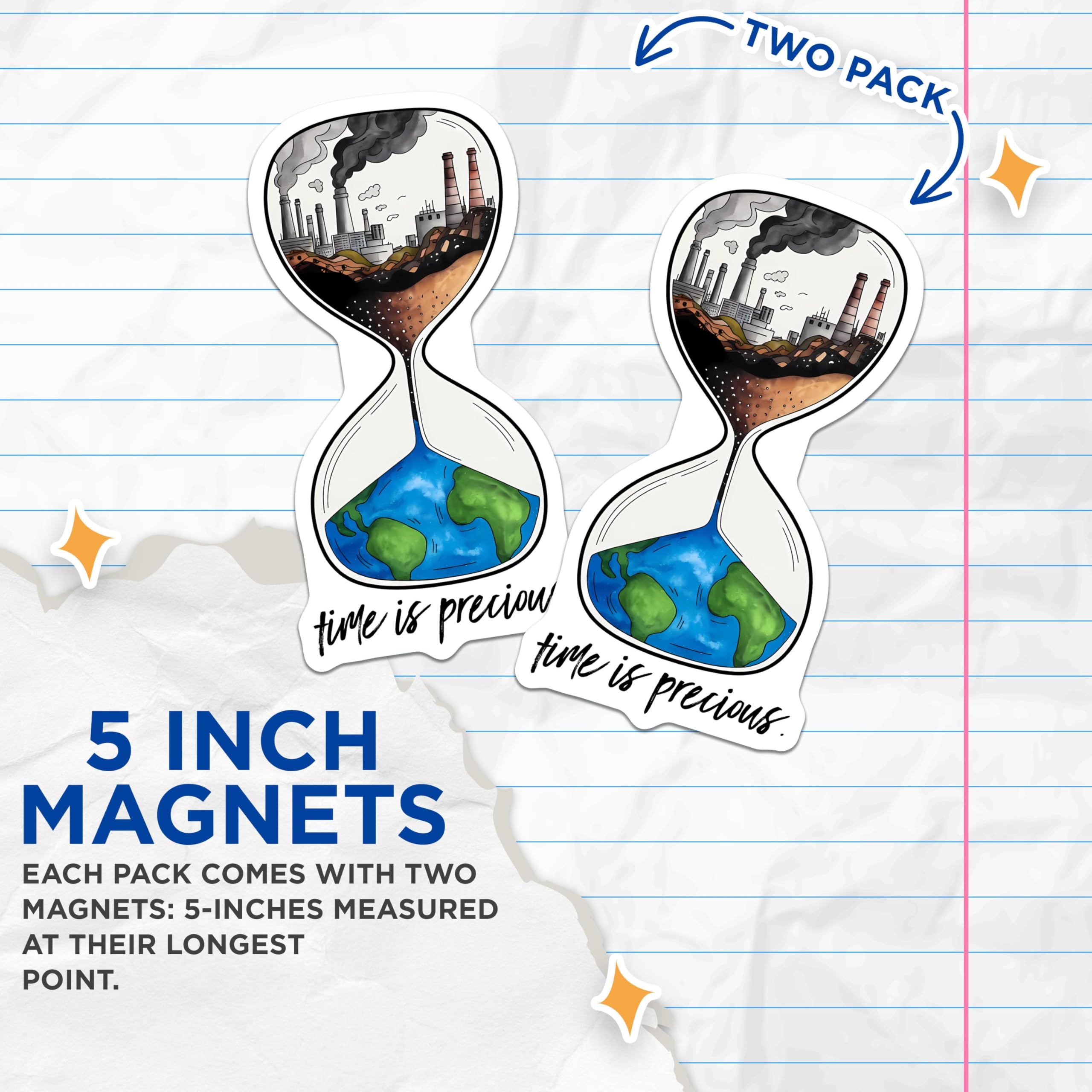 (2 Pack) Time is Precious Magnets - Climate Change Awareness - Global Warming Reminder - 5" On Longest Side - for Cars, Fridges, Toolboxes - Made in USA - MAG7692