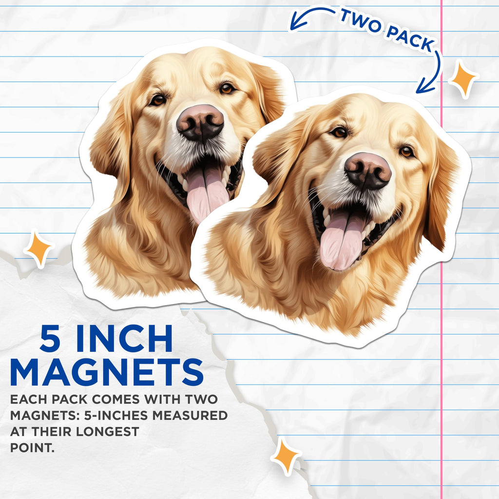 (2 Pack) Golden Retriever Magnets - Happy Smiling Dog Decor - Dog Mom Dad Fridge Magnets - Pet Lover Kitchen Decor - 5 Inches On Longest Side - Thick Durable Magnet - Made in USA - MAG25424