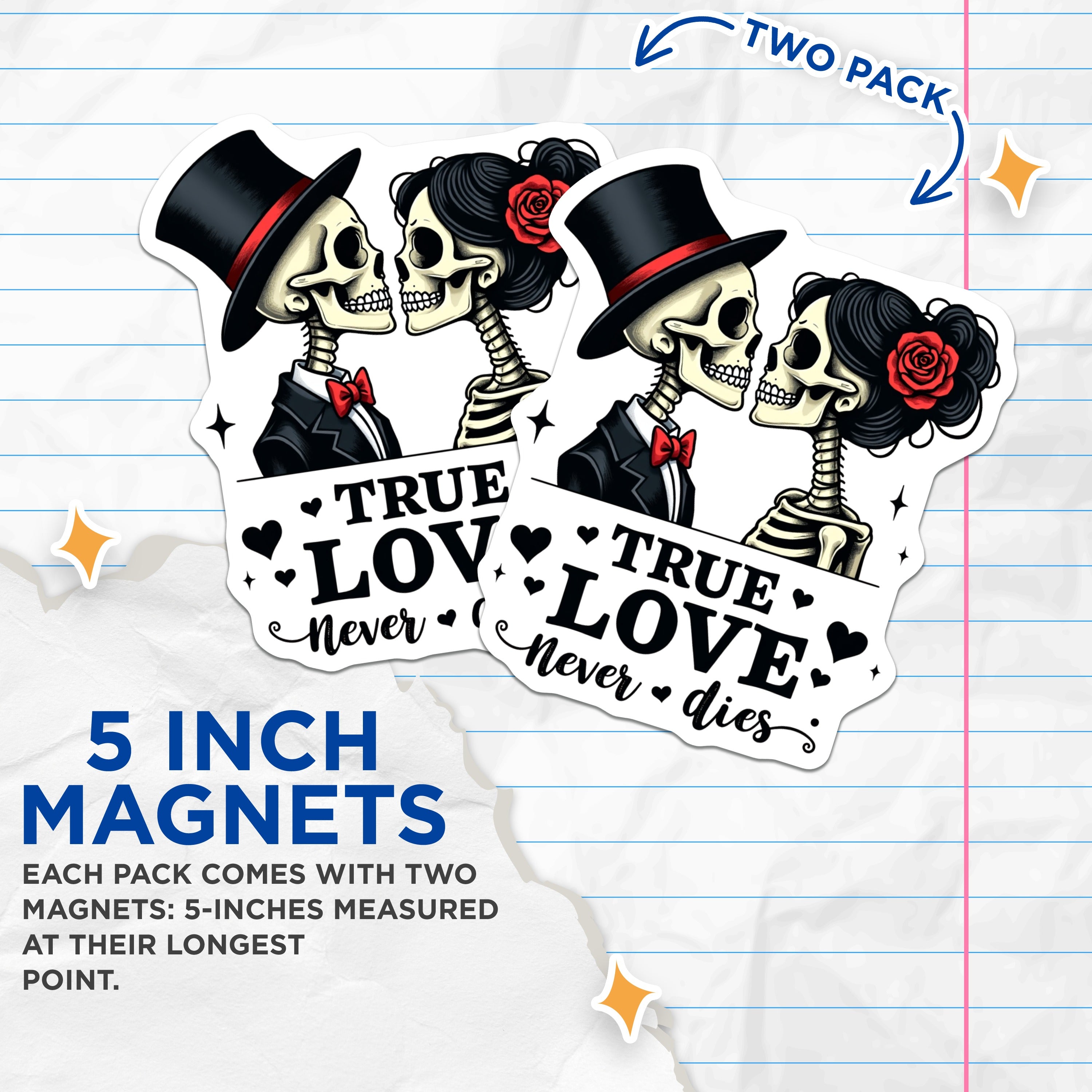 (2 Pack) Skeleton Couple Magnets - True Love Never Dies - Gothic Romance Decor - Forever Love Anniversary Valentine - 5 Inches On Longest Side - Thick Durable Magnet - Made in USA - MAG39175