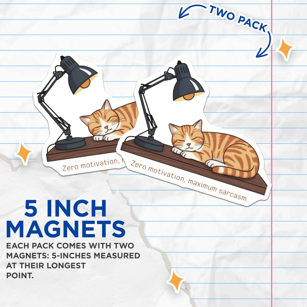 (2 Pack) Zero Motivation Cat Magnets - Sarcastic Quote Fridge Decor - Funny Lazy Kitty Pet Lover Present - 5 Inches On Longest Side - Thick Durable Magnet - Made in USA - MAG38119