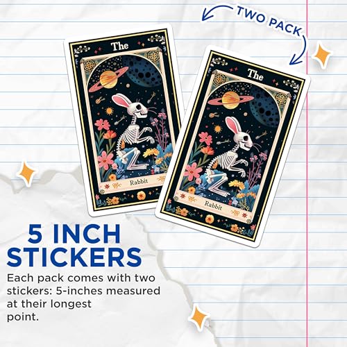 (2 Pack) Skeletal Rabbit Stickers - Celestial Space Stickers - Tarot Card Animal Art Stickers - 5" On Longest Side - Sticks to Smooth Flat Surfaces - Made in USA - BMCS3628
