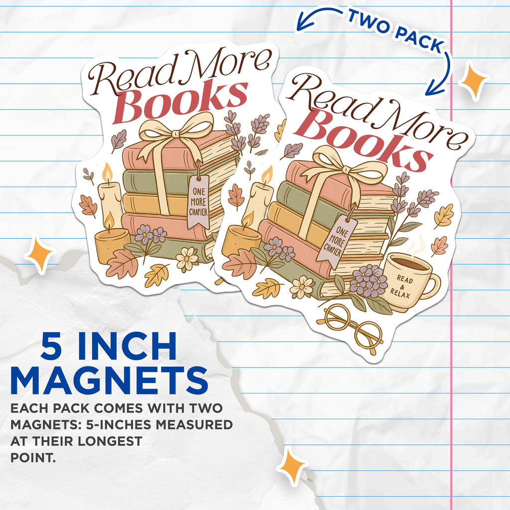 (2 Pack) Read More Books Magnets - Cozy Book Lover Refrigerator Decor - Literary Reader Aesthetic Item - 5 Inches On Longest Side - Thick Durable Magnet - Made in USA - MAG37585