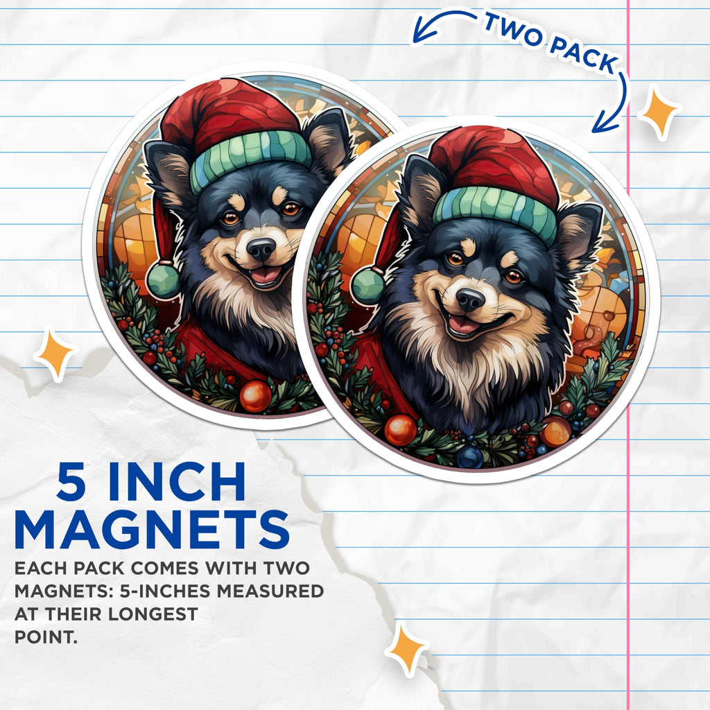 (2 Pack) Christmas Dog Magnets - Santa Hat Canine Decor - Stained Glass Holiday Fridge Decor - 5 Inches On Longest Side - Thick Durable Magnet - Made in USA - MAG26616