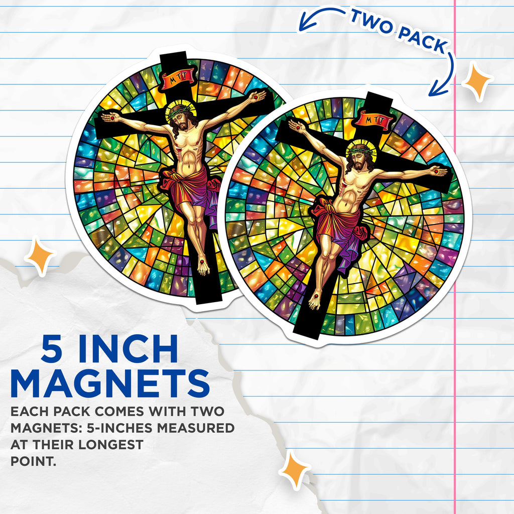 (2 Pack) Jesus Christ Crucifix Magnets - Faux Stained Glass Religious Art - Christian Catholic Faith Decor - 5 Inches On Longest Side - Thick Durable Magnet - Made in USA - MAG39719