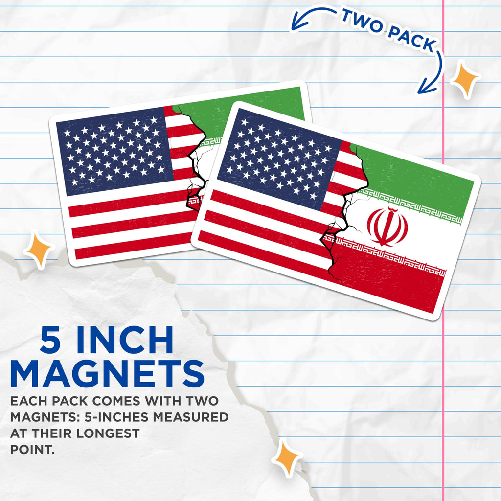 (2 Pack) USA Iran Flag Magnets - Political Statement - Fridge Locker Decoration - 5" On Longest Side - Premium Magnet - for Cars, Refrigerators, Toolboxes, Lockers - Made in USA - MAG17296
