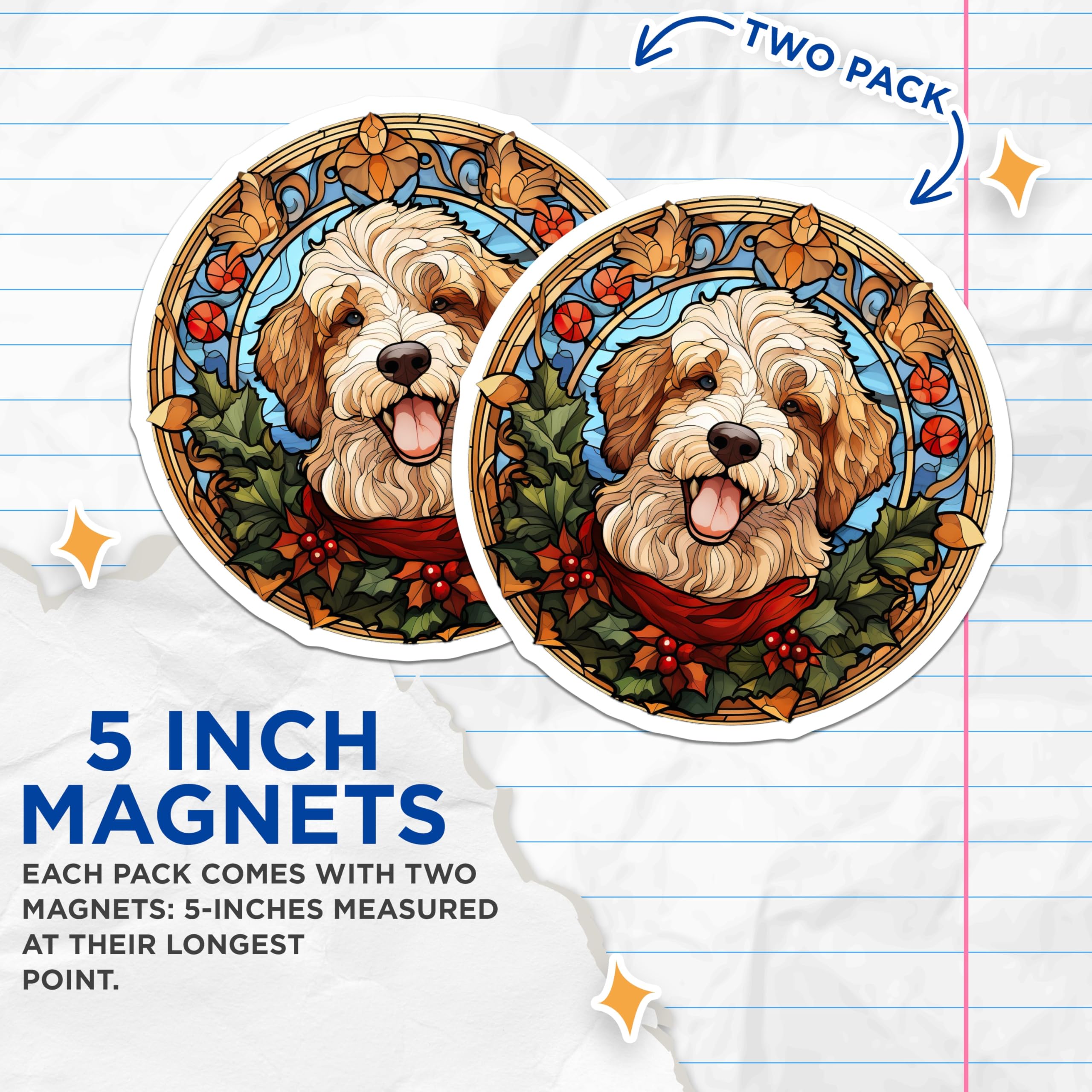 (2 Pack) Golden Doodle Magnets - Stained Glass Puppy - Christmas Holiday Decor - Dog Lover Accents - Festive Canine Art - 5 Inches On Longest Side - Thick Durable Magnet - Made in USA - MAG24647