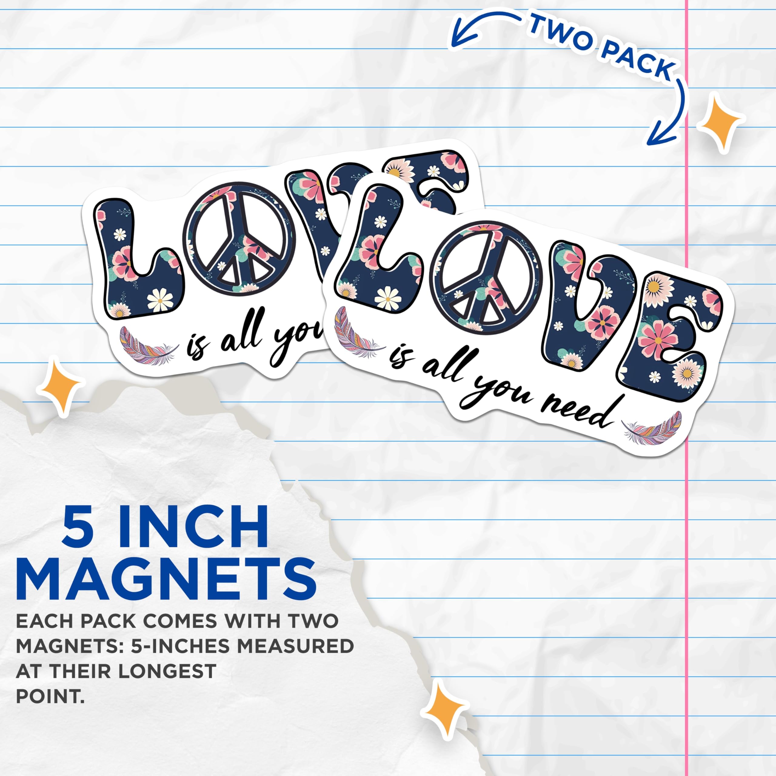 (2 Pack) Love Peace Magnets - Floral Boho Decor - Inspirational Word Magnet - 5" On Longest Side - Premium Magnet - for Cars, Refrigerators, Toolboxes, Lockers - Made in USA - MAG15437