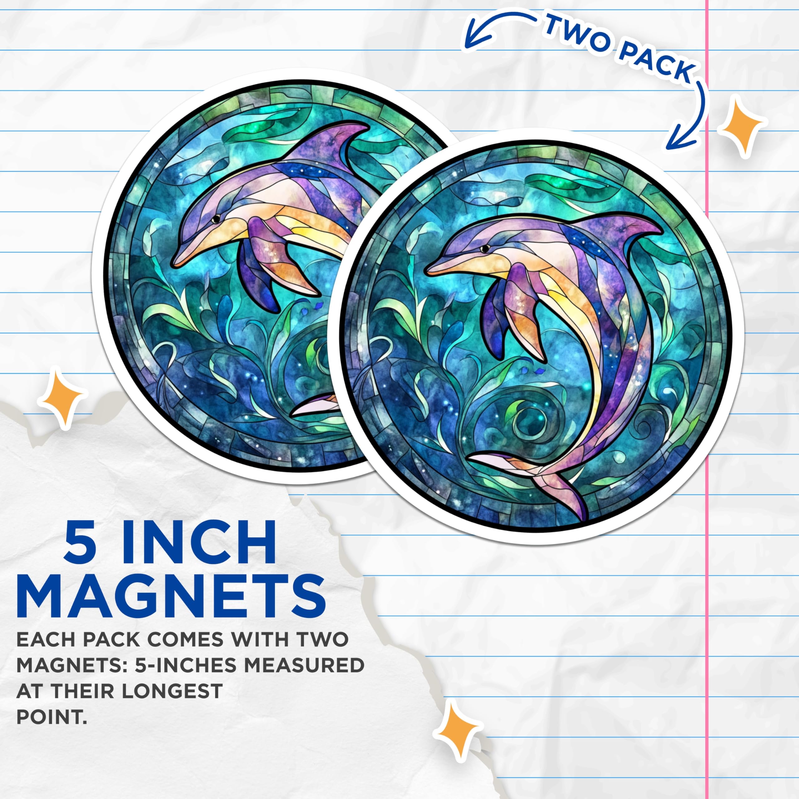 (2 Pack) Stained Glass Dolphin Magnets - Vibrant Ocean Animal Art - Marine Life Fridge Decor - Aquatic Aesthetic Accents - 5 Inches On Longest Side - Thick Durable Magnet - Made in USA - MAG30416