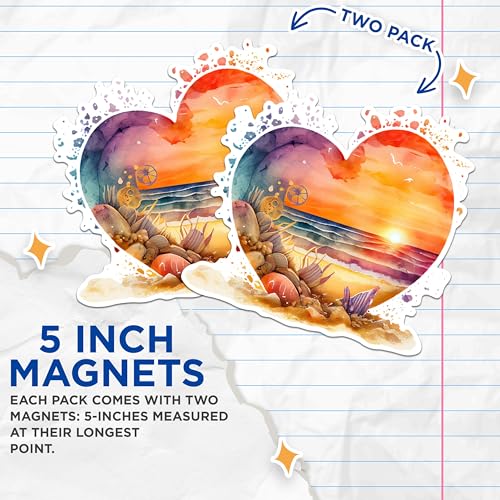 (2 Pack) Beach Sunset Heart Magnets - Ocean Wave Magnets - Coastal Scenery Magnets- 5" On Longest Side - for Fridges, Toolboxes, Cars - Made in USA - MAG2853