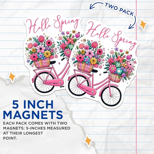 (2 Pack) Hello Spring Magnets - Floral Bicycle Design - 5" On Longest Side - for Cars, Fridges, Toolboxes - Made in USA - MAG8003