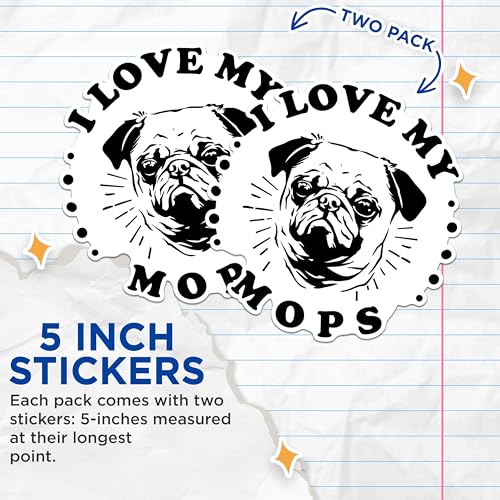 (2 Pack) I Love My Pug Stickers - Cute Mops Stickers - Dog Lover Decals - 5" On Longest Side - Sticks to Any Smooth Flat Surface - Made in USA - BMCS2974