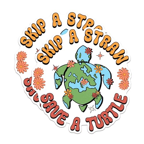 (2 Pack) Skip a Straw Save a Turtle Stickers - Environmental Conservation Stickers - Eco-Friendly Decoration Stickers - 5" On Longest Side - Sticks to Any Smooth Flat Surface - Made in USA - BMCS3047