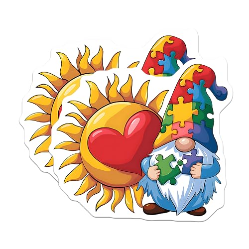 (2 Pack) Puzzle Piece Gnome Stickers - Autism Awareness - Puzzle Gnome with Heart and Sun - 5" On Longest Side - Sticks to Smooth Flat Surfaces - Made in USA - BMCS9844
