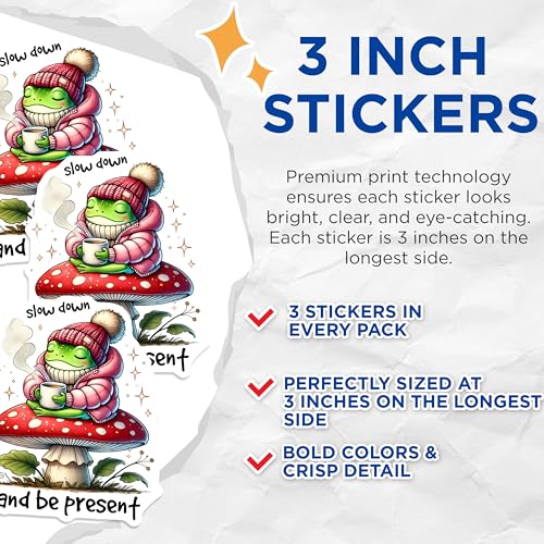 (3 Pack) Frog Decals - Mushroom Stickers - Positive Affirmation - Laptop Decal - 3 Inches On Longest Side - Easy Peel & Apply - Made in USA - 3MCS6373