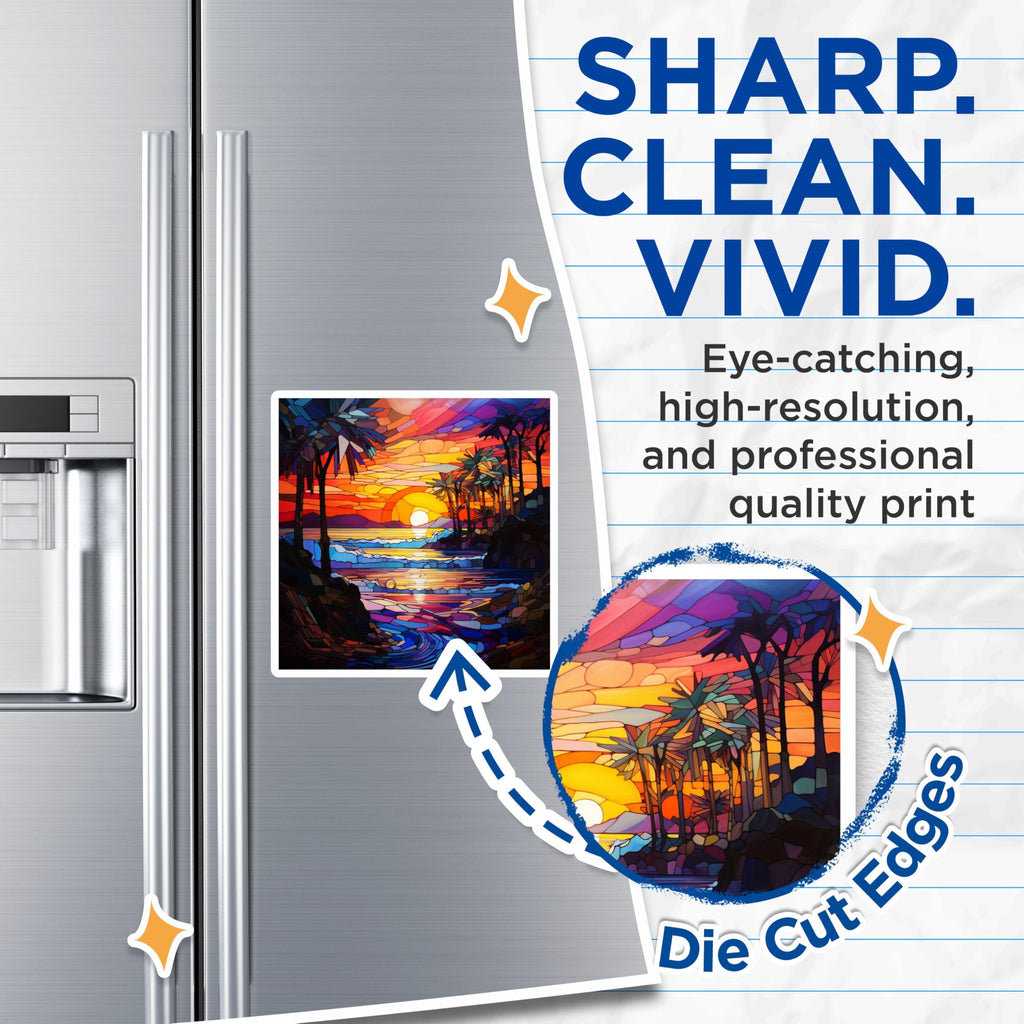 (2 Pack) Stained Glass Sunset Magnets - Tropical Beach Decor - Vibrant Ocean Scene - Palm Tree Art - 5 Inches On Longest Side - Thick Durable Magnet - Made in USA - MAG30511
